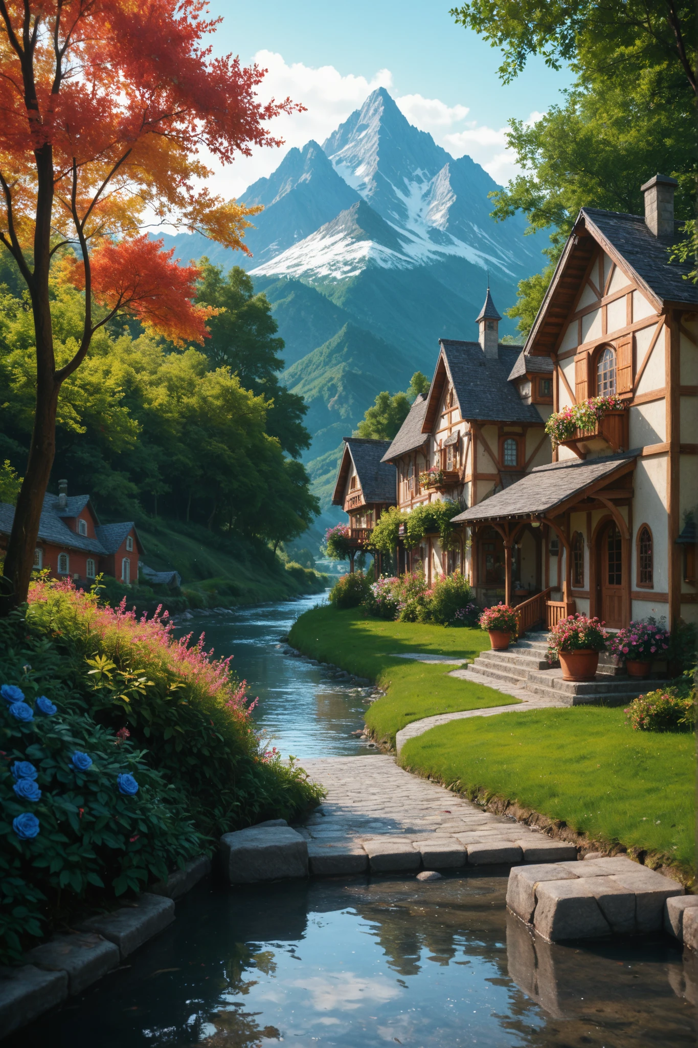 a small village by the river, mountains in the background, floral flowers colorful, detailed landscape, Beautiful natural landscapes, atmospheric lighting, scorching sunset, warm colours, practical, photopractical, Detailed Foliage, complex buildings, cobblestone street, Charming country house, swirly vibrant colors, lush vegetation, Still water reflections, Picturesque, idyllic, work of art, best qualityer, 8k, extremely detaild,anime styling