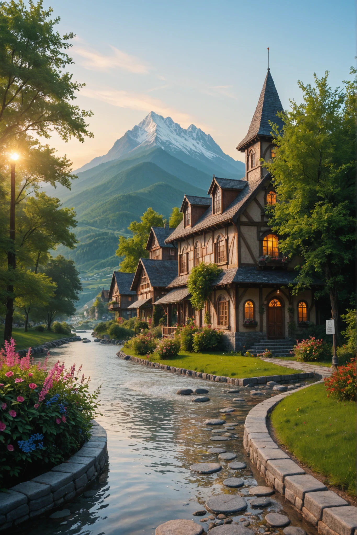 a small village by the river, mountains in the background, floral flowers colorful, detailed landscape, Beautiful natural landscapes, atmospheric lighting, scorching sunset, warm colours, practical, photopractical, Detailed Foliage, complex buildings, cobblestone street, Charming country house, swirly vibrant colors, lush vegetation, Still water reflections, Picturesque, idyllic, work of art, best qualityer, 8k, extremely detaild,anime styling