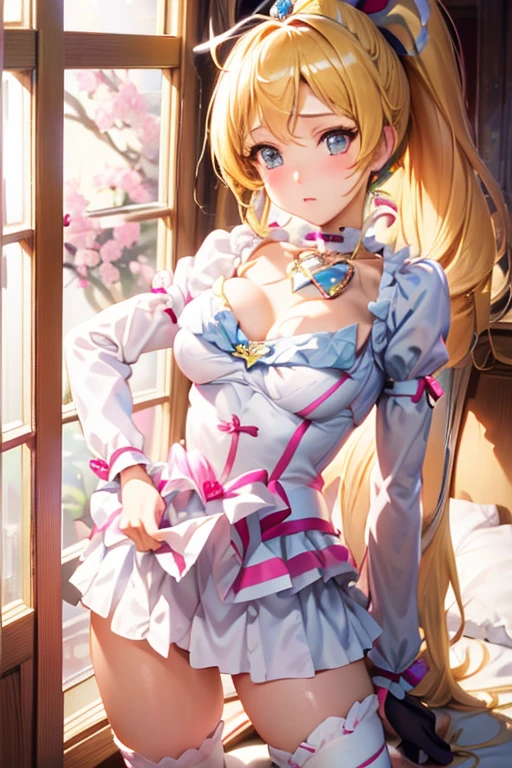 (8K), Sharp Focus, hight resolution, 1girl in, Alice, Upper body, Alice Def, Blonde hair, (sash, Bow, Hair Band), huge-breasted, Dress, (High quality:1.2), (high detailing:1.2), (masutepiece:1.2), (Extremely detailed:1.2),(((Only the chest is bare)))、(((fullnude)))