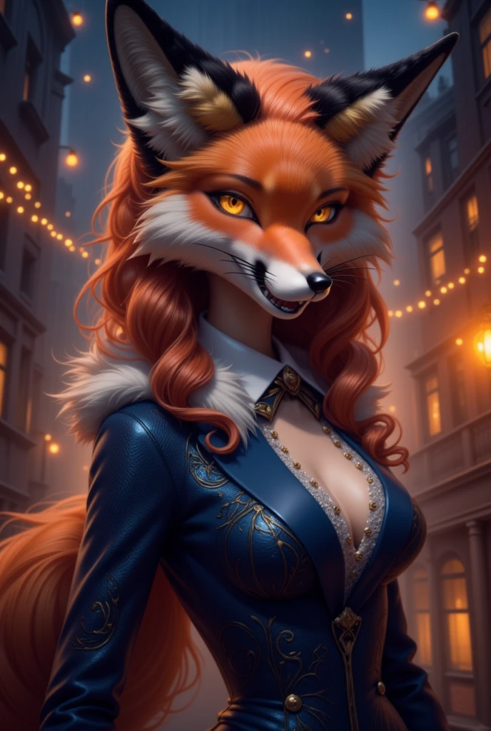 Create an artistic image in the art noveau style of a female maned wolf, wearing a pair of purple gloves and holding a tattoo machine in one hand