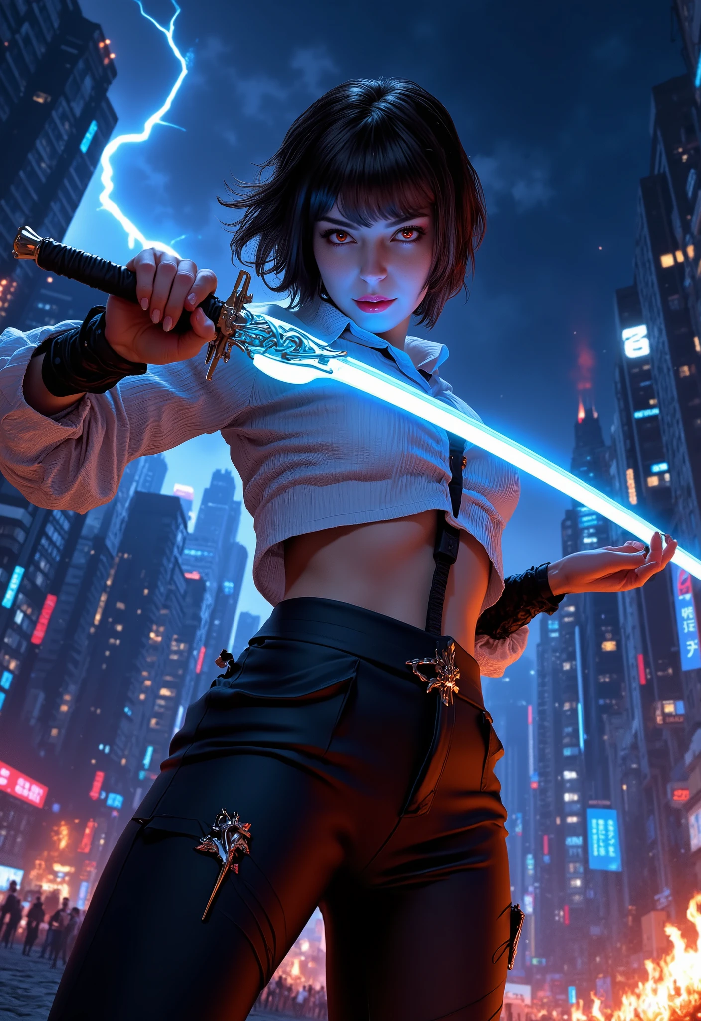 A woman with short black hair and red eyes holds a sword of blue light in an urban night environment, with electric flashes and fire in the background, wearing a shirt and black pants.