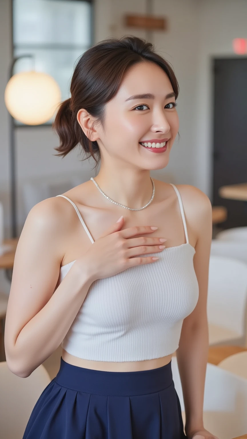 Skinny Japanese woman, Dressed, small head, cute face, detailed face, detailed eyes, (photographrealistic:1.4), (Hyper realistic:1.4), (Realistic:1.3), (Smoother lighting:1.05), (increase cinematic lighting quality:0.9), 32K, 1girl in, 30-years old, Realistic lighting, Backlighting, Light on Face, raytrace, (Brightening light:1.2), (Increase quality:1.4), (Top quality real texture skins:1.4), Black underwear, a necklace, Very thin waist, slender legs, (Increase body line mood:1.1), (Increase the beauty of skin texture:1.1)