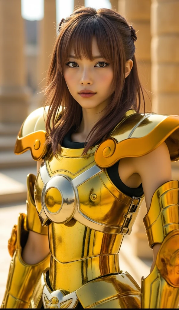 (8k, Best Quality , masterpiece:1.2, very well detailed),( beautiful Japanese woman has panties ), (medium long, disheveled hair), brown hair,Shining golden armor, Greek Temple Background , full body shot of hair in backlight ,( very real ),( live-action ), in front row to zoom out、colorful spotlight {x} hamster looking at camera
