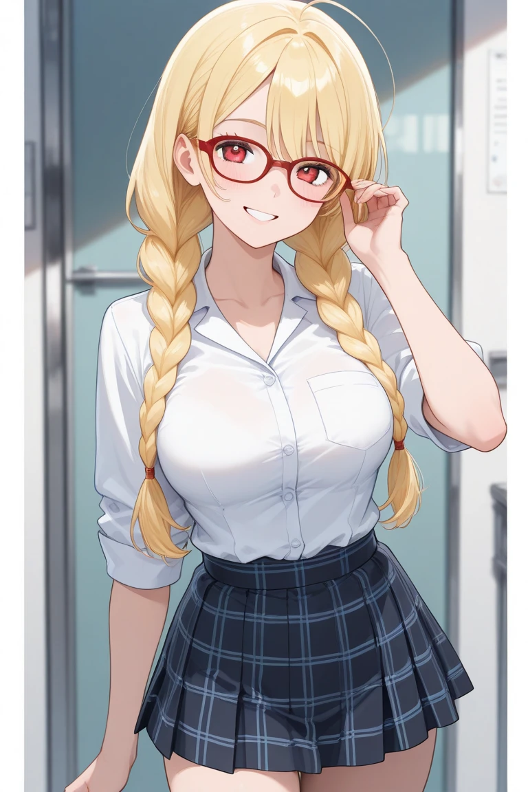 beautiful girl with glasses and a red jacket and bow tie, beautiful visual of a cute girl, beautiful high school girl, beatiful best girl, beautiful visual of a young woman, blonde beautiful girl with long hair, beautiful portrait of shiina ringo, smooth beautiful, cute slightly nerdy smile, beautiful moe artstyle, portrait beautiful girl, cute beautiful girl portraits girl with glasses and a skirt posing for a picture, marin kitagawa fanart, seductive anime girl, ecchi anime style, blonde anime girl with long hair, !!wearing glasses!!,