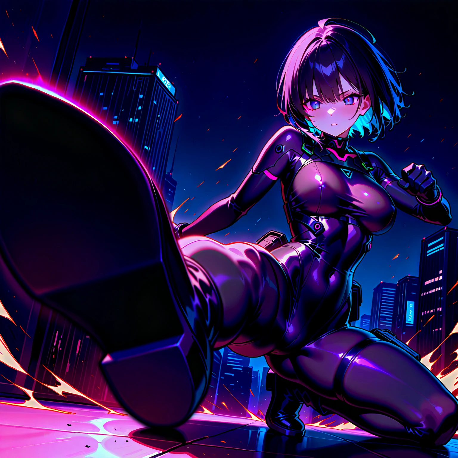 ultra-detailed, Explicit, Beautiful body, Beautiful Nose, Beautiful character design, perfect eyes, perfect face, ultra highres, 4K, beautiful legs, perfect legs, Nice hands, Perfect hand, Masterpiece, Best Quality, Highly detailed, illustration, absurdres, perfect anatomy, street fighter, doll suit, shadaloo doll, dollsuit, expressionless, blank eyes, looking at viewer, red gloves, emotionless, black latex, corruption, mind control, female combatant, full body, hypnotized, unhappy trance, full body suit, ribbed bodysuit, both arms at side, obey, perfect female body, extremely glossy latex, hypnosis, hypnoLora, empty eyes, Mind control device, poses, submissive_pose, Slave, standing straight, standing, standing at attention, hat, necktie, belt, latex, ribbed bodysuit, thigh Highs, garter belt, Fighting Stance, extending the right arm from the shoulder into the air with a straightened hand, military, thigh boots, black pantyhose, collar, (((pixel-perfect, detail-perfect))), solo, 1girl, hair ornaments, RIPPERNORMAL, PURPLE HAIR,SHORT HAIR,MULTICOLORED HAIR, ,RED EYES,HEAD-MOUNTED DISPLAY, (TINTED EYEWEAR:1.2), apocalyptic background, multiple girls, battle, crowd, blood splatter, fleeing, grabbing, running, foreshortening, attack, fighting, holding weapon