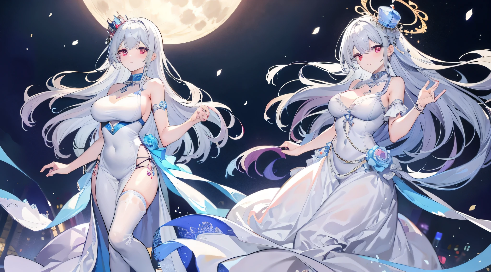 ancient wind，Royal sister，Silver-white ponytail，ssmile，Purple eye，D bust，looking at viewert，Blue and white clothes，Naked foot，Hold a brush in hand，A circle of source lines behind him，Blue-gold dragon