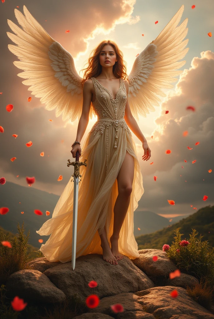Beautiful female angel standing in the jungle of the dinosaur era, whole body, Holding a sword, Daytime, whole body
