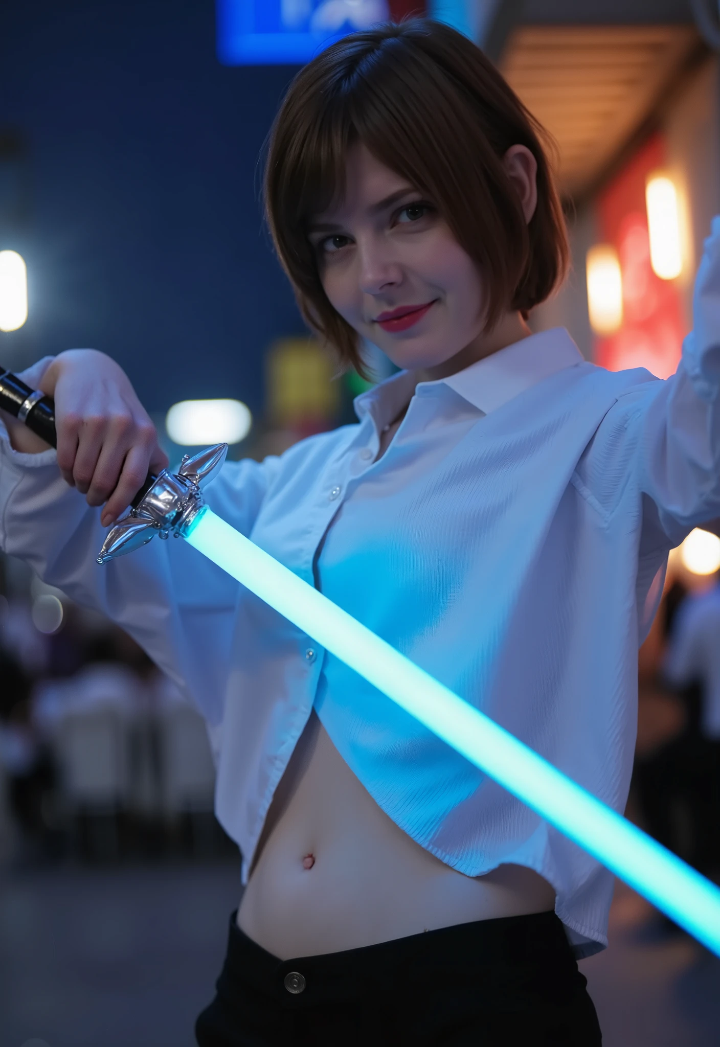 A woman with short black hair and red eyes holds a sword of blue light in an urban night environment, with electric flashes and fire in the background, wearing a tight white shirt and black pants.