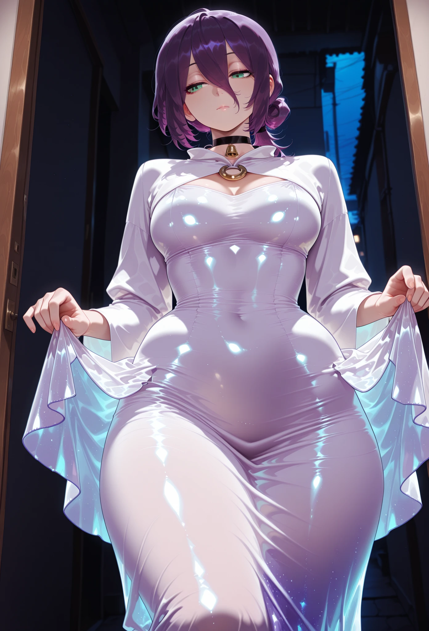1 girl,short hair,bare,dark purple hair,purple hair,light blue eyes,Two-tone hair,Thighs,Two-tone eyes,big breast,one-piece,straight-on,masterpiece,best quality,very aesthetic,absurdres