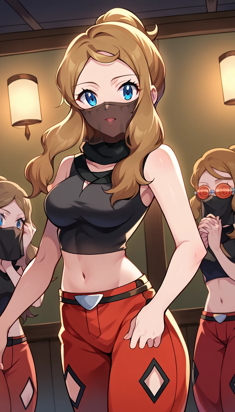 (masterpiece, best quality), 1girl, hoshikawasaraNS, 1girl, JamOrbital,solo, long hair, hair ornament, long sleeves, navel, bare shoulders, hair ribbon,wide sleeves, side ponytail,crop top,sleeveless shirt,thigh strap, heterochromia, highleg, x hair ornament, front-tie top, strap slip, blue shorts,jacket,open jacket,Improvised gag,tape gag,gagged
