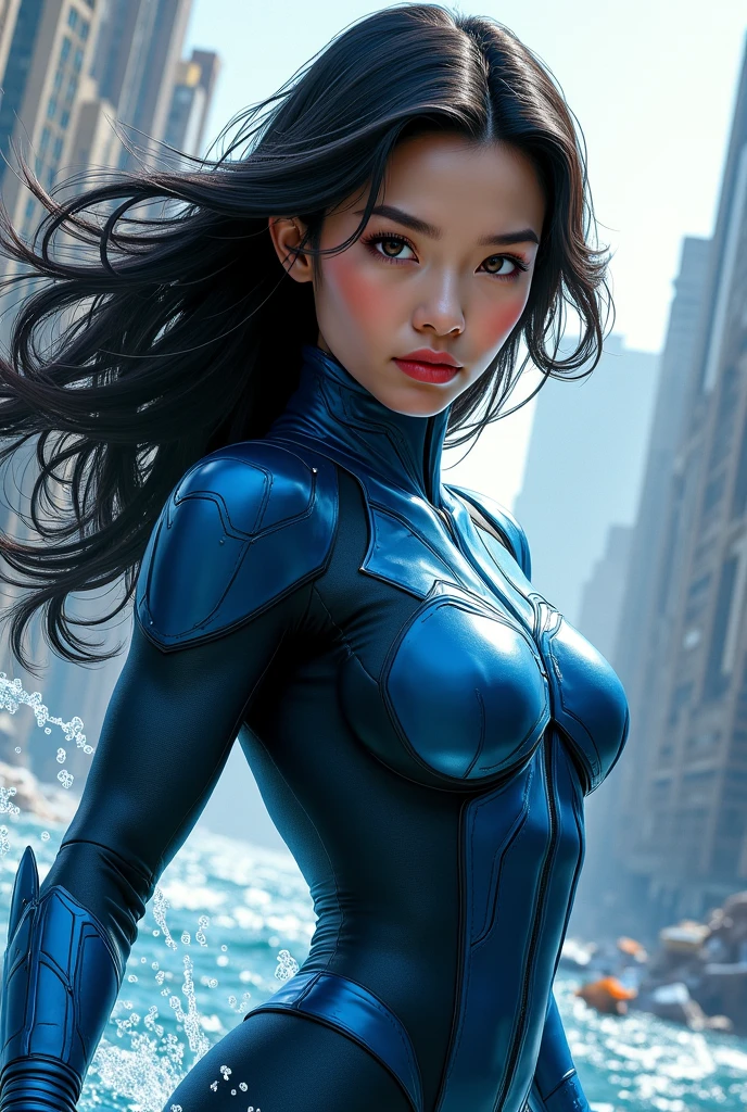 Psylocke, japonesa rosto lindo, bunda grande, peito grande, rosto realista detalhado, gostosa, labios canudos, anatomia perfeita, cabelo grande azul, flowing hair, traje azul baseado no traje que jim lee a desenhava nos anos 90, pose baseada nas de jim lee, realista, 4k, ninja queen, psylocke, holding whip, katananas