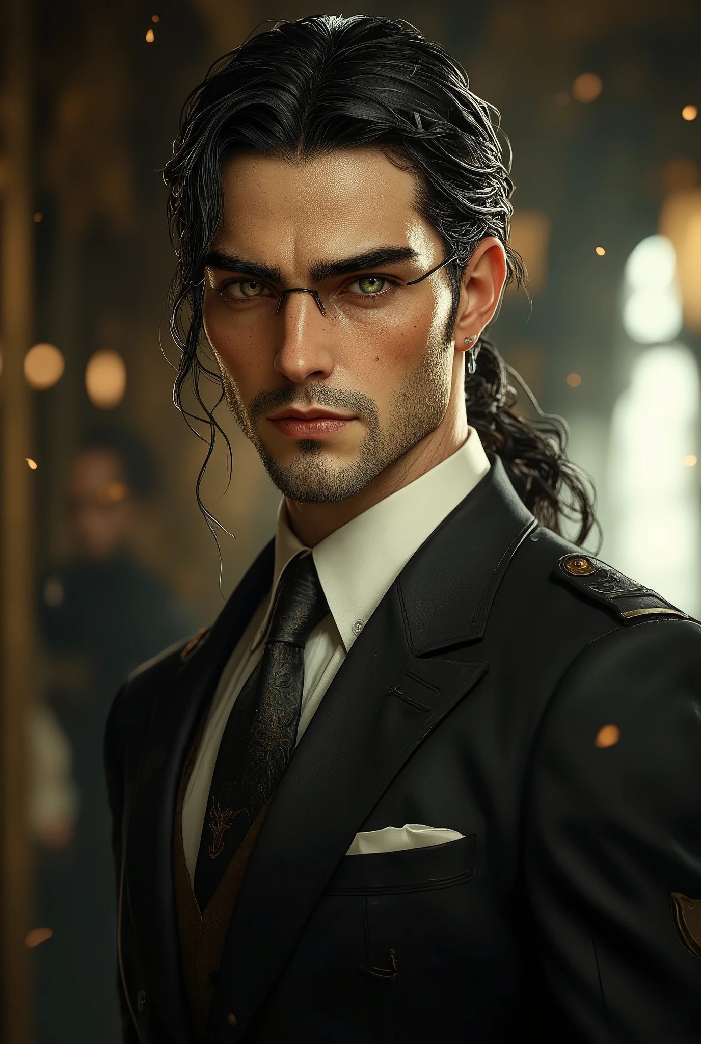 A tall, fit 32-year-old man in tight glasses with a thin dark frame with long black hair, with a ponytail and gray eyes, wearing a black business suit with tie and a white shirt, facial features are aristocratic and highly intelligent.