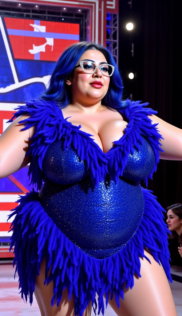A very fat 16 year old girl at school prom, massive belly, very fat, big boobs, giant butt, cubby arms, large thighs, wearing a blue dress, long wavy hair, belly very big, bloated belly, full body view, dim lights, flashy lights, next to food bar