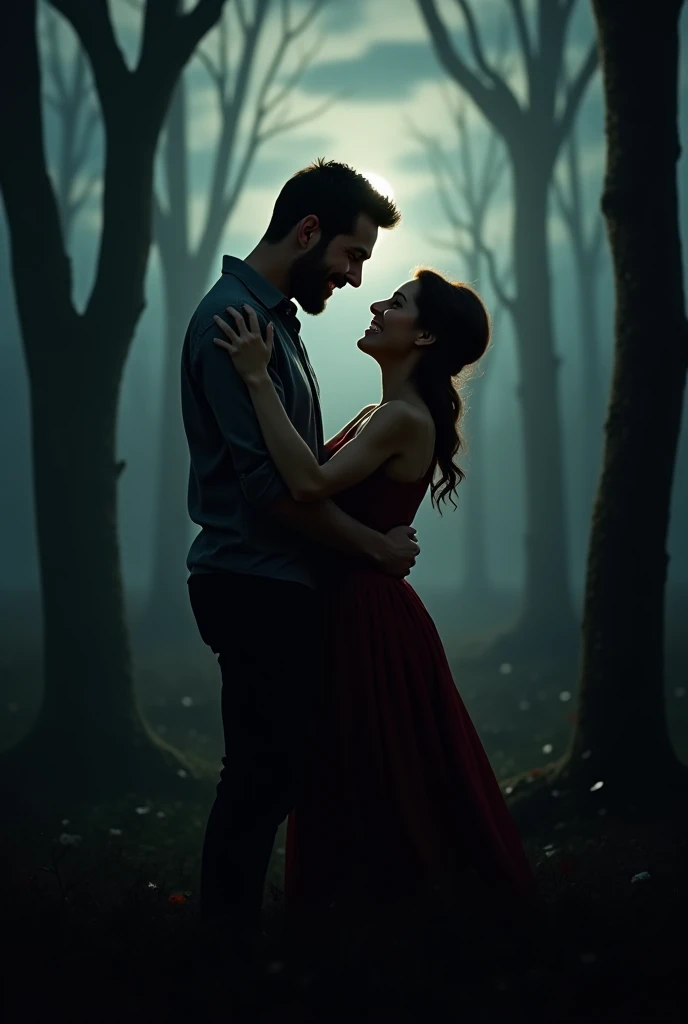 very tall and very short woman dancing in the forest cavern. Make them dress both in tight clothes so that anatomy is possible. The dance description: they woman's right hand touches man's left hand, insides of palms touching together. The woman is face to camera, the man is back to camera. They look in eachother's eyes