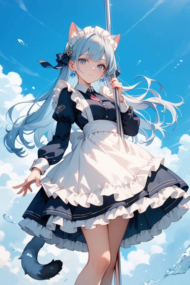 Low - Angle、Long skirt、Hold down your skirt that is being blown up by the strong wind、The strong wind is showing her white cotton panties、high quality:1.0), (masterpiece:1.0), (Ultra-fine illustrations:1.0), ネイビーブルーのLong skirt、
、Lined、