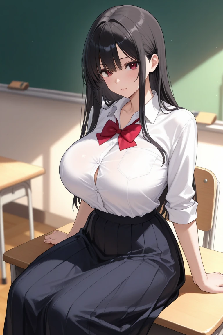 1girl,alone,Anna Yamada,(masterpiece:1.2),best quality,long hair, skirt, breasts, ponytail, jewelry, earrings, looking at viewer, large breasts, long sleeves, blush, shirt, suspenders, bangs, white shirt, black skirt, indoors, solo, closed mouth, brown eyes, blue hair, sidelocks, plaid, window, suspender skirt,perfect hands ,perfect anatomy