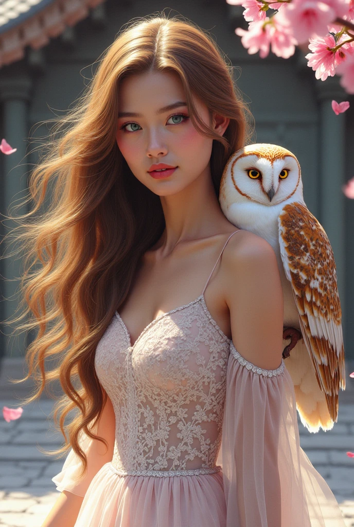 (Highest quality, masterpiece: 1,1), (busty  with owl, dark eyes, bright smile, rose hair, illustration), painting, detailed, 8K