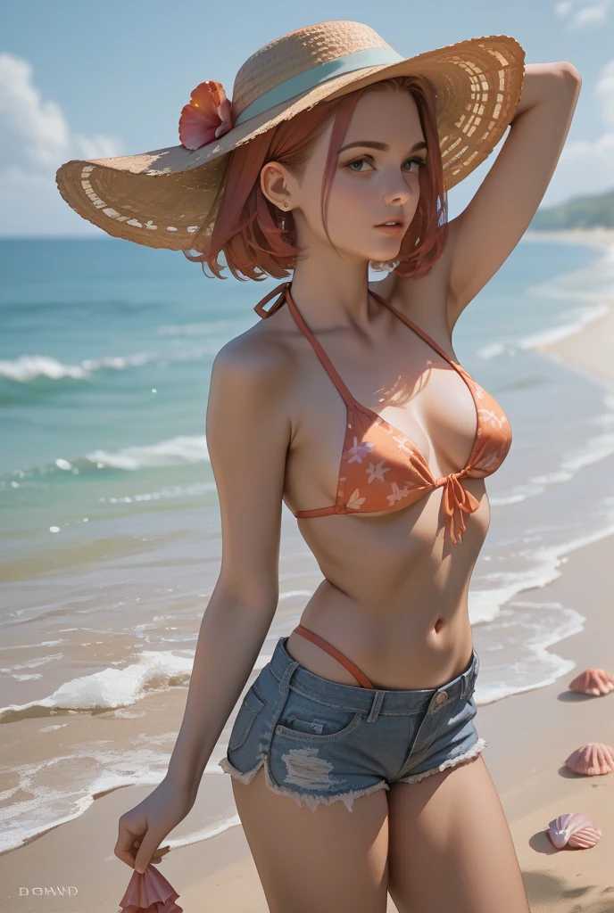 there is a teen with pink hair and a hat sitting on a blanket, wearing micro bikini, tight bikini, small bikini artwork in the style of guweiz, cute detailed digital art, cute digital art, guweiz, adorable digital painting, pink girl, beautiful digital artwork, kawaii realistic portrait, 8k high quality detailed art, ross tran 8 k, anime styled digital art, beautiful digital illustration