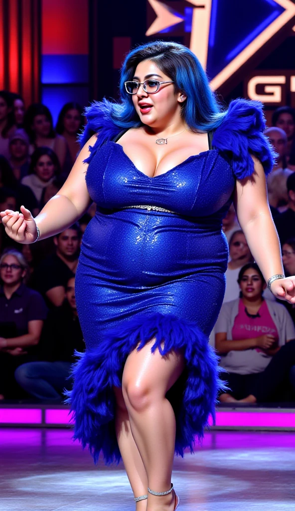 A very fat 16 year old girl at school prom, massive belly, very fat, big boobs, giant butt, chubby arms, wearing a long blue formal dress, long wavy hair, belly very big, bloated belly, full body view, dim lights, flashy lights, dancing, is happy, wearing heals, on dance floor, facing viewer