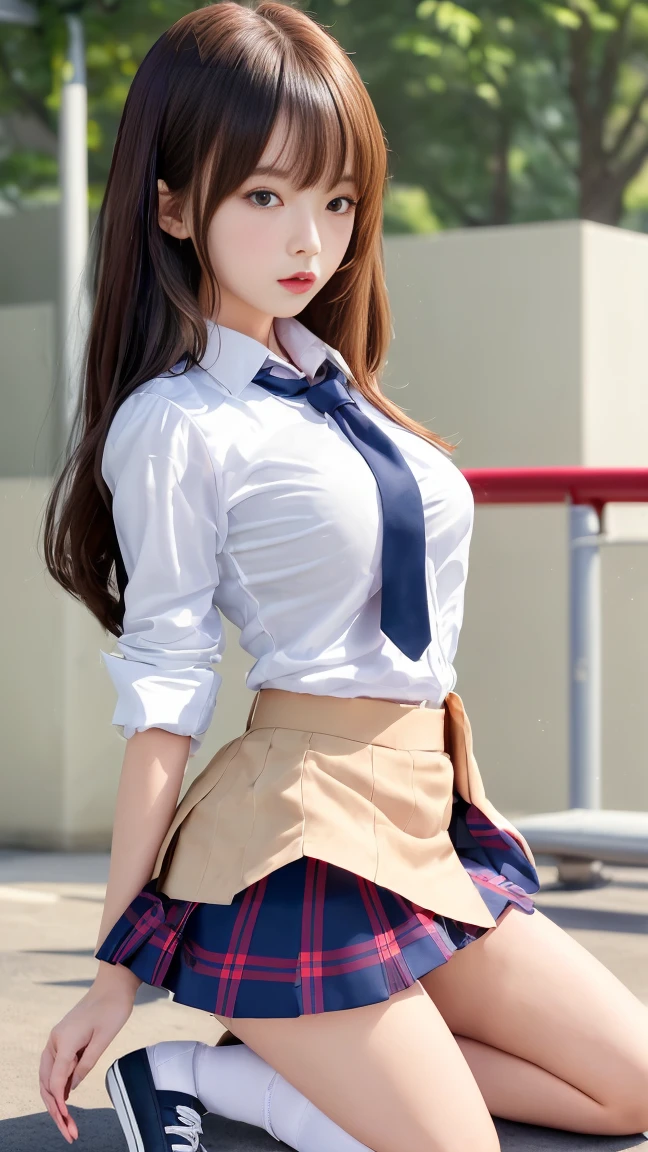 top-quality,ultra - detailed,tmasterpiece,hentail realism,Photorare,Bright lighting,1 girl in, Camera color temperature 3800k、an extremely beautiful 17-year-old girl, (kawaii:1.6),Thin smile, (Brown eyes),(dark brown hair),(By bangs),perfect glossy shiny skins,flawless skin,((erotick,Sexy and sexually explicit)),((Exact pointers,No discomfort)), large full breasts,big breasts thin waist, looking at viewert,((a sailor suit)),((Long sleeve uniform white shirt)),(Enzi's tie),((dark brown super mini skirt、No slit)),(((Skirt lift with their own hands))),(lifted by self),(She shows her panties.),lace and black panties,Panty Focus,(Stand with your feet together)), socks skirt, Black socks),(Loafer shoes), In the daytime,Station platform、stand through the window、Wearing a miniskirt、It's raining outside、window glass wet with rain、