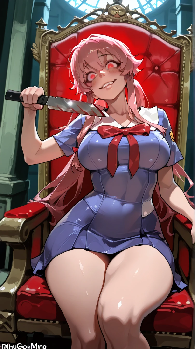 anime_still, masterpiece, best quality, 1girl, Gasai Yuno, long hair, pink hair, low twintails, smile, naked, red eyes, (large breasts:1.5),1girl, black choker, dark grey, overalls, leather gloves, black boots, ((nigth:1.5)), (chasing you through the woods BY yuno gasai), moonlight, blood on floor, horror scane, (evil smile:1.4), (evil eyes:1.6), (horror_movies:1.5), (woods:1.6),(dark:1.7), (out_boors)