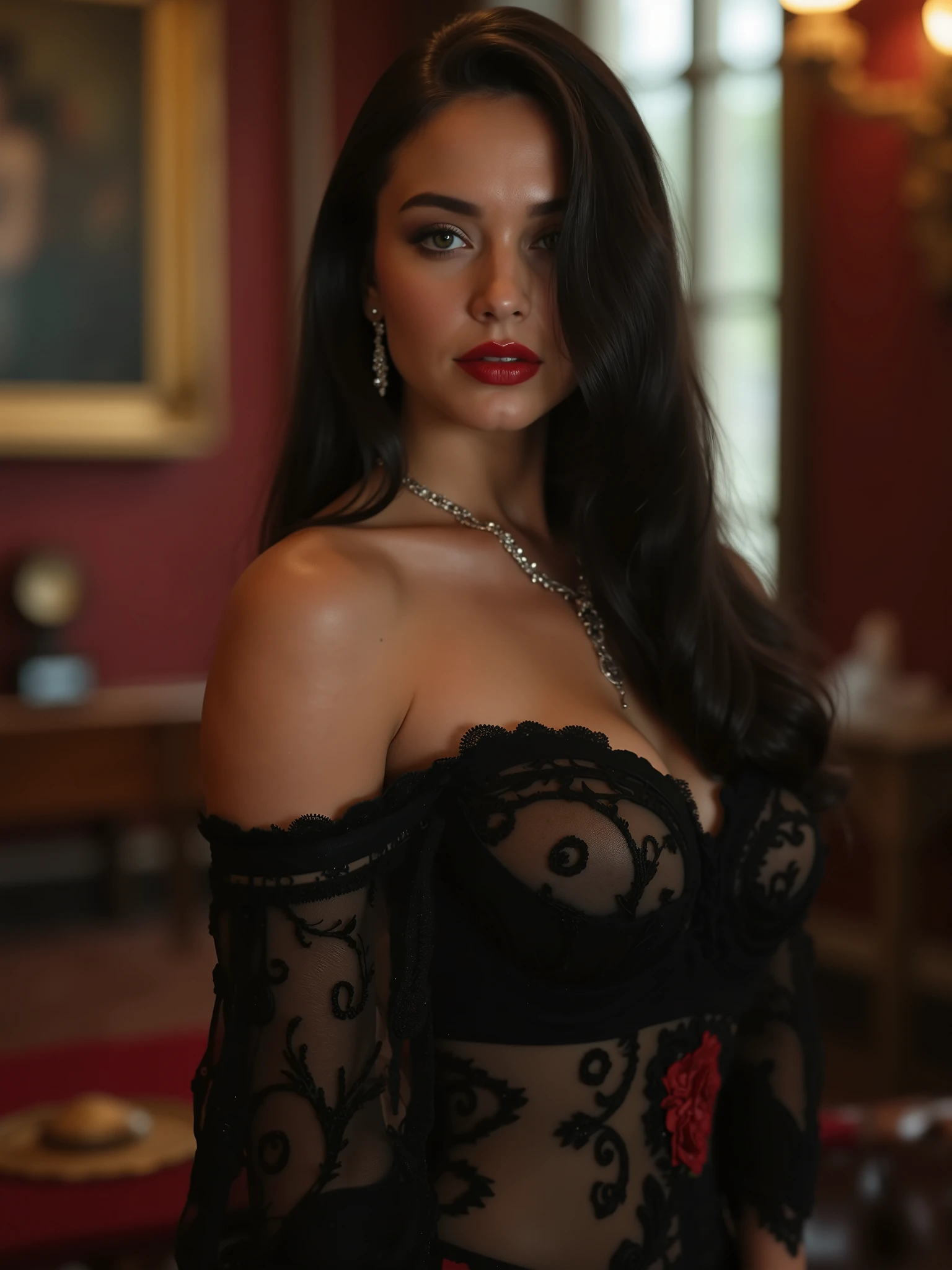 (Masterpiece.Uhd.photorealistic) (Full body). 1 stunning beautyWoman. Age 20. Long dark straight hair. Epic cleavage. 44dd natural perky saggy breasts. Badass Snow White grown up. Tilted head. Full red lips. Off shoulder black sheer lace dress. Provocative. Rose tattoo. In a dieselpunk Neo Victorian palace. (Round babydoll face)
