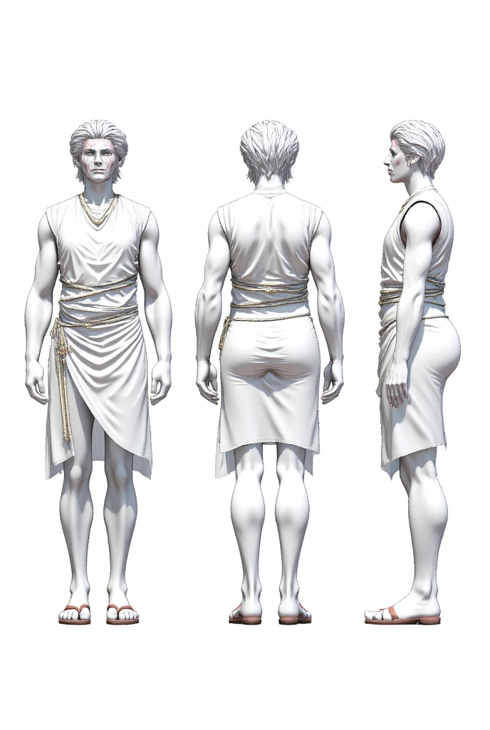 (masterpiece), ultra-detailed, 3 views, character view(front view, side view , back view), ultra detailed to each 3 views, (character sheet detailed) , reference sketch of a God, Greek mythology God, Zeus, His physical appearance is usually portrayed with a strong and muscular build, blonde hair, wearing traditional Greek white clothing, like a flowing robe or chiton, ultra-realistic and sharp detail and intricate, intricate details, and style, simple background illustration