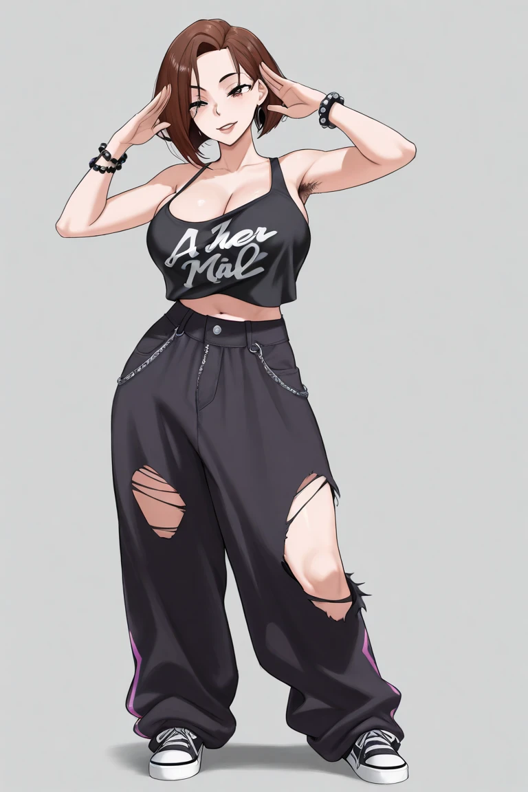(masterpiece, best quality), 1girl, Oatmeal Slicked-Back Undercut with Side Part, Size A breasts, Violet Lace-trimmed tank top and Bell-bottom pants, toe socks, Hands on the hips, looking confident, <lora:yoshi:1> yoshiostyle