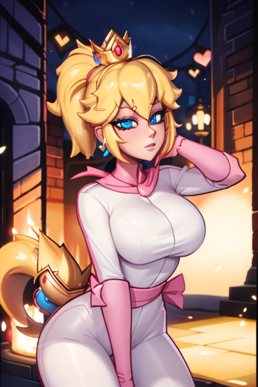 ((masterpiece)), (best quality:1.7), (detailed:1.4), (high res:1.4), 8k, (colorful:1.5), 2d, high resolution, sharped image, 4k, hd, bowsette, (1girl), (solo), blonde hair, blue eyes, spiked brazalets, spiked armlets, spidek choker, super crown, horns, ((white horns)), crown, (pink crown), ponytail, long hair, (middle body), ((thighs)), hands on own face, room, window, clouds, sun, sky, clouds, earrings, blue earrings, chest ornament, ((black dress)), furniture, plants, decoration, ((castle)), (fluffy dress), (curvy body), standing, long dress, smug, closed mouth, (strapless), ((peace symbol)),