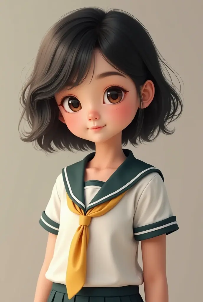 something realistic: a light skinned girl, round eyes, eyebrows and eyelashes that highlight your face in a good way, small nose, low forehead, chubby cheeks, slim body and hourglass shape. with school uniform, semi wavy black hair, with a cut of Wolft cut. That looks like a real girl