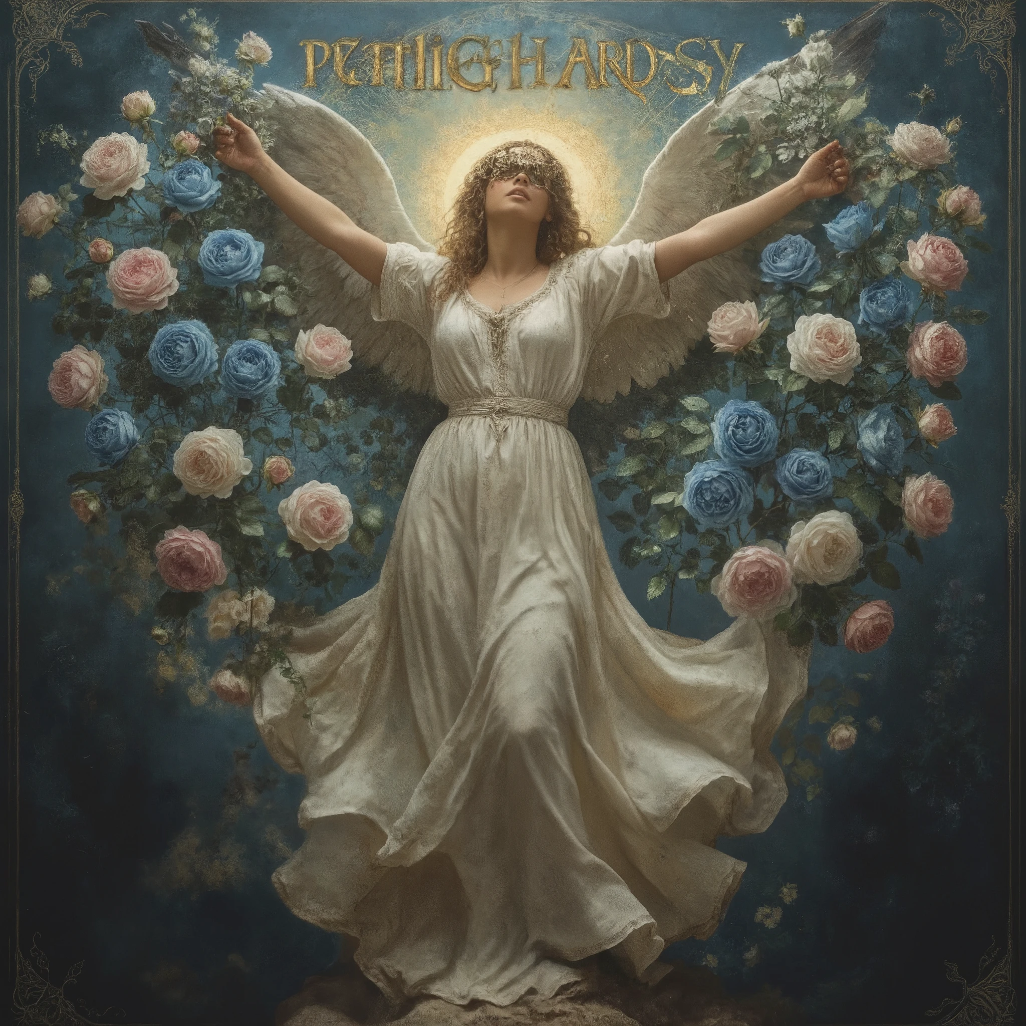 Reamigine Angra's Rebirth album cover with a beautiul woman angel instead of the statue, she is opening her wings full of blue and light pink roses, thhhe image is cativating she is stunning the background is beautiful