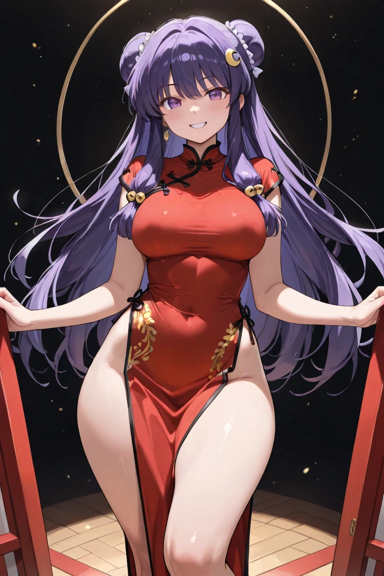 Wide Hips, Shiny body, Shiny skin, expensive,Open your mouth ,blush,View Viewer ,smile,blush,,Open your mouth ,Bright glossy screen,blush ,throw, purple hair,,open mouth, eyelashes, eyeshadow, lips, blush, 8k, hdr, raytracing,chinese dress,full body,rich room