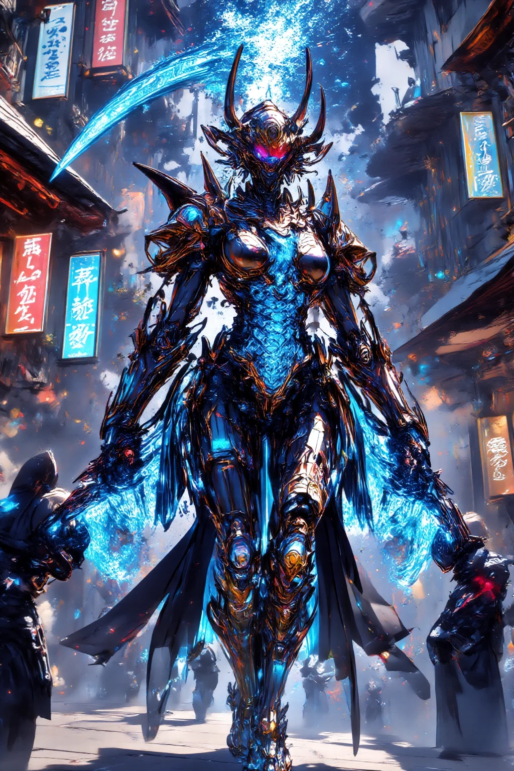(Highest quality 8k wallpapers),The strongest Frost Dragon Kamen Rider(Hyper-detailing),The king who rules the Grim Reaper,Master of martial arts,blue color eyes,(Burning fur coat),Pubic hair shows through(Mechanical skeleton),(the detail:1.2),Side Body,Mechanical details:1.2,Majesty,Domineering,The dark world,Dark series