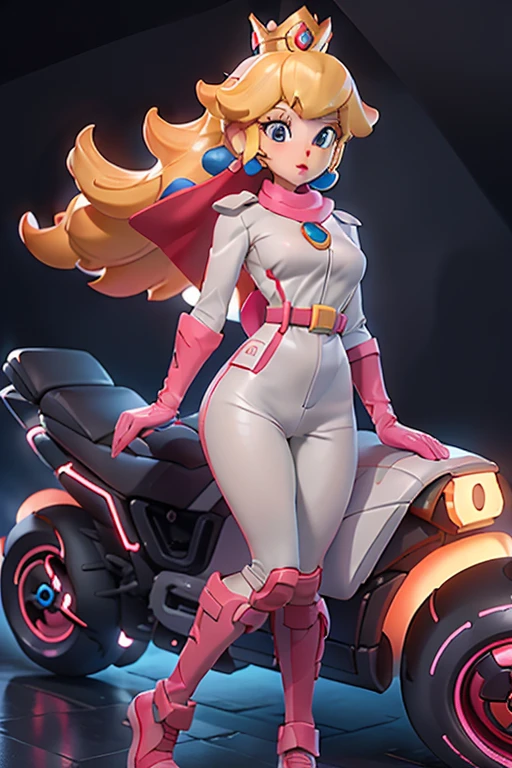 A stunning cosplay photo featuring Princess Peach in a white biker jumpsuit, showcasing her wide hips and voluptuous figure. The jumpsuit is adorned with pink gloves and accents, emphasizing her iconic color scheme. Princess Peach is depicted on the back of a white motorcycle, her long hair flowing in the breeze. The background is a vibrant cityscape, with the sun setting behind her, casting a warm glow on the scene., photo