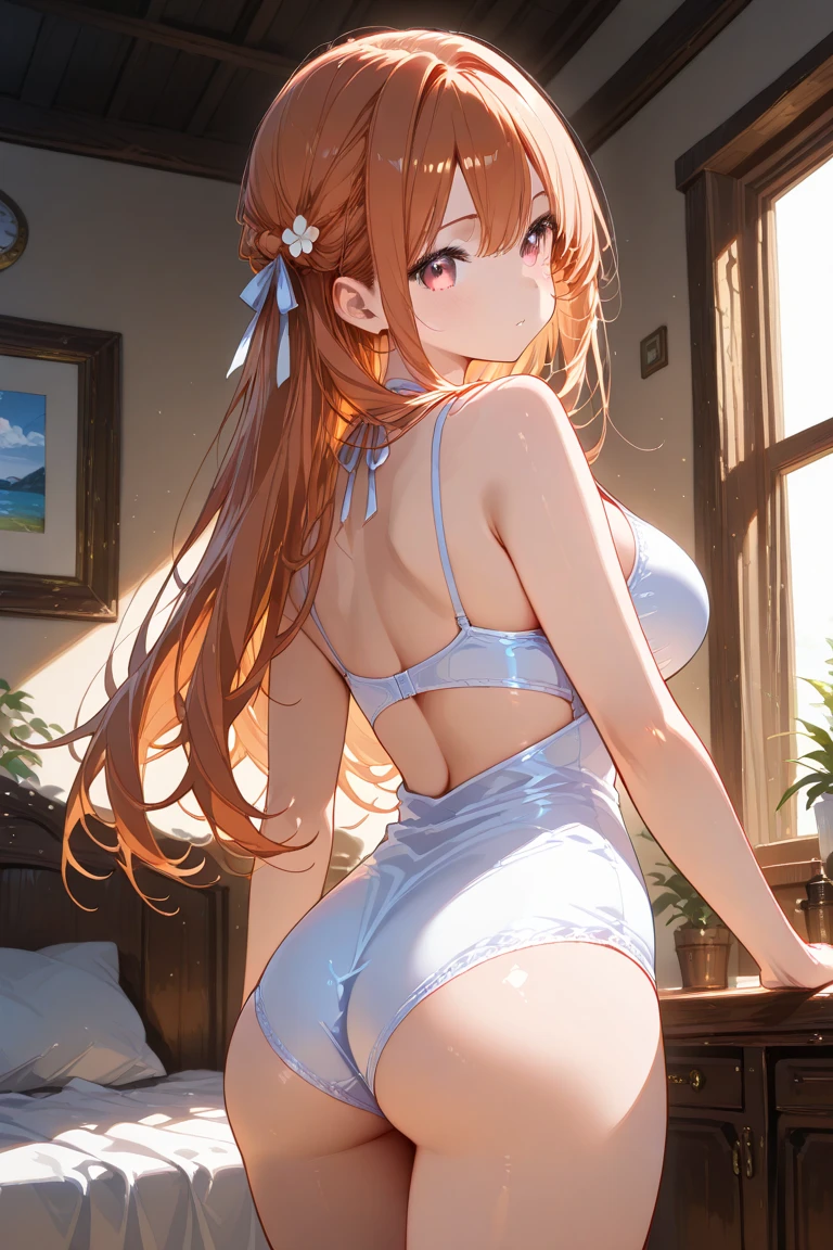 Realistic image, detailed image, coherent image. 1 beautiful elf. 19 years old, large breasts, triple D cup breasts, sexy, horny, round buttocks, bubbly buttocks, fit and strong, slender body, plump lips, bubbly ass, dressed in a transparent nightgown. She has long, curly orange hair, styled in a ponytail. Green eyes with long eyelashes. Sensual expression. She has rabbit ears and tail. She has a curvy body, medium breasts, thick thighs. She is sitting cross-legged. She is in a penthouse on a starry night. View from above. Arching her back. Soft focus, Dramatic shadows, Volumetric lighting, natural lighting. ISO:100, F1.4, --equals 2