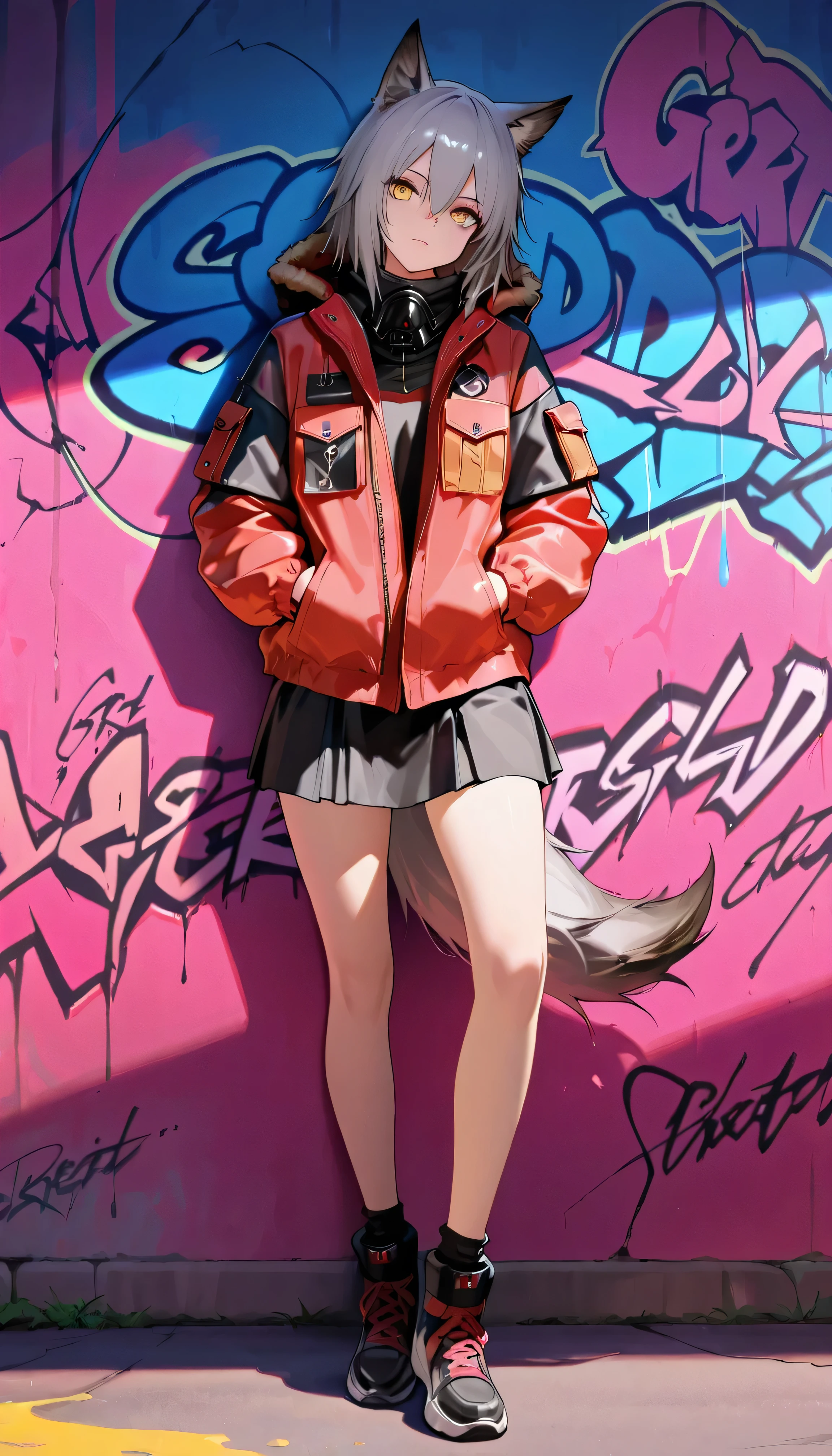 (best quality), (masterpiece), (ultra-detailed), absurdres, photorealistic, ProjektRed \(arknights\), ultra detailed face, eyelashes, Perfect eyes, Beautiful eyes, solo, grey hair, hair between eyes, yellow eyes, flat_bangs, animal ears, animal tail, (ProjektRed:0.8), Wolf_girl, Wolf_ears, Perfect lips, (graffiti:1.5), splashes of paint, (red, black, pink, yellow, green, blue, violet, hands in pockets, standing near the wall, Bend leg at the knee, shade, Looking at the viewer, Paint on the body, head tilt, Full body view