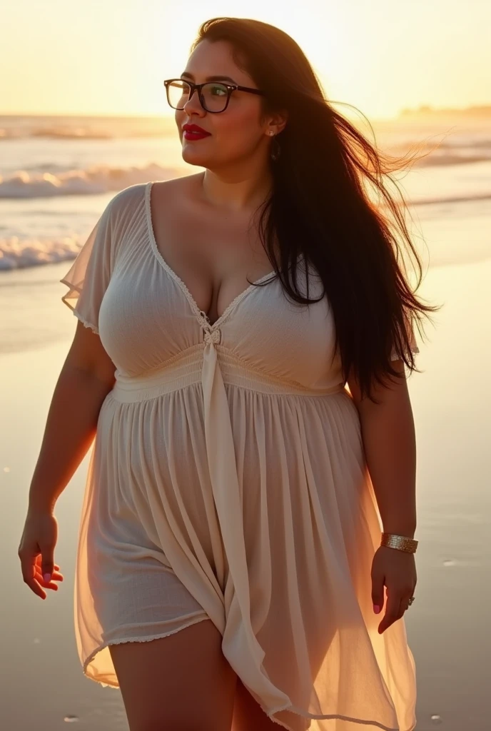 A plump woman with brown hair in a tight-fitting white dress walking with a along a rocky beach of glowing stones, moonlit night, milky way, full-face faces