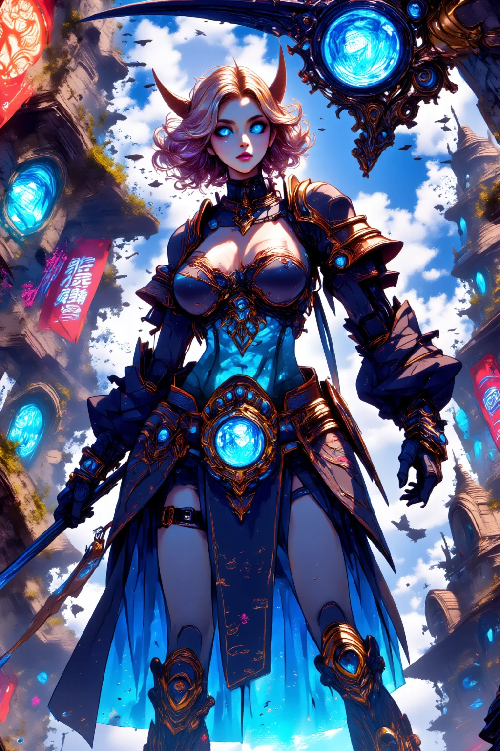 fantasy art, dnd art, RPG art, wide shot, (masterpiece: 1.4) portrait, intense details, highly detailed, photorealistic, best quality, highres, portrait a vedalken female (fantasy art, Masterpiece, best quality: 1.3) ((blue skin: 1.5)), intense details facial details, exquisite beauty, (fantasy art, Masterpiece, best quality) cleric, (blue colored skin: 1.5) 1person blue_skin, blue skinned female, (white hair: 1.3), long hair, intense green eye, ((no ears: 1.6)), fantasy art, Masterpiece, best quality) armed a fiery sword red fire, wearing heavy (white: 1.3) half plate mail armor, wearing high heeled laced boots, wearing an(orange :1.3) cloak, wearing glowing holy symbol GlowingRunes_pink, within fantasy temple background, reflection light, high details, best quality, 16k, [ultra detailed], masterpiece, best quality, (extremely detailed), close up, ultra wide shot, photorealistic, RAW, fantasy art, dnd art, fantasy art, realistic art,((best quality)), ((masterpiece)), (detailed), perfect face