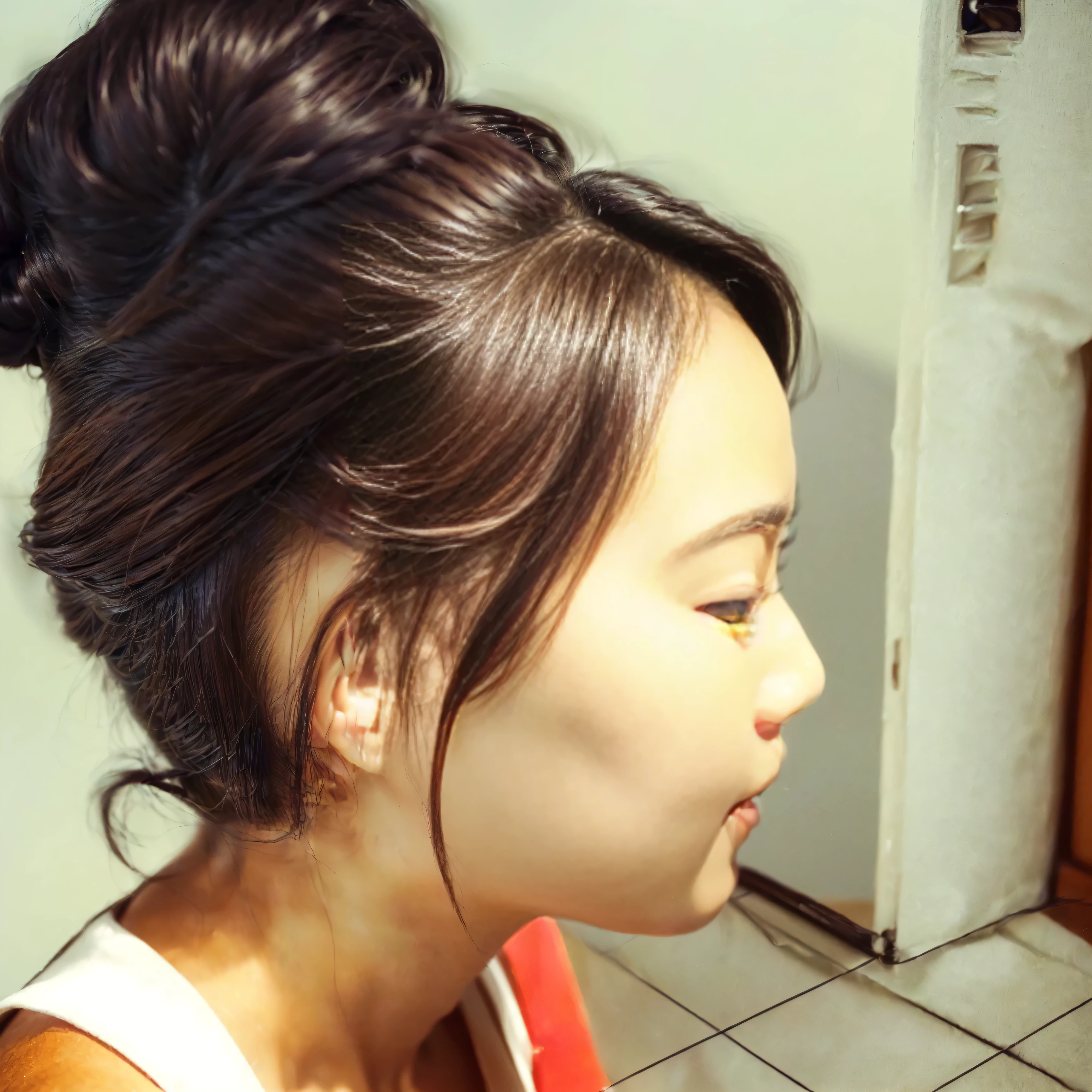 (((side profile shot))) there is a YOUNG CUTE Japanese girl with a white shirt, side shot, hair bun, with dark hair tied up in a bun, hair styled in a bun, captivating and enticing , (Detailed perfect facial details), (((ultra detailed skin, Lifelike, 4k hd, DSLR, lifelike, masterpiece, natural lifelike perfect color, perfect clear lighting, breathtaking lifelike details, perfect anatomy, super detailed skin, beautiful face ultra-detailed hyper detailed face、Detailed lips、A detailed eyes, (realistic, photorealistic, photo-realistic:1.37) (Realistic), (RAW Photography), ((best quality)), (Detailed perfect facial details), ((((hyper real photo, hyperrealistic, hyperrealistic picture)) , perfect anatomy, super detailed skin, (((ultra detailed skin, Lifelike, 4k hd, DSLR, lifelike, masterpiece, natural lifelike perfect color, perfect clear lighting, breathtaking lifelike details satisfied pose, she is smiling and excited, she is posing