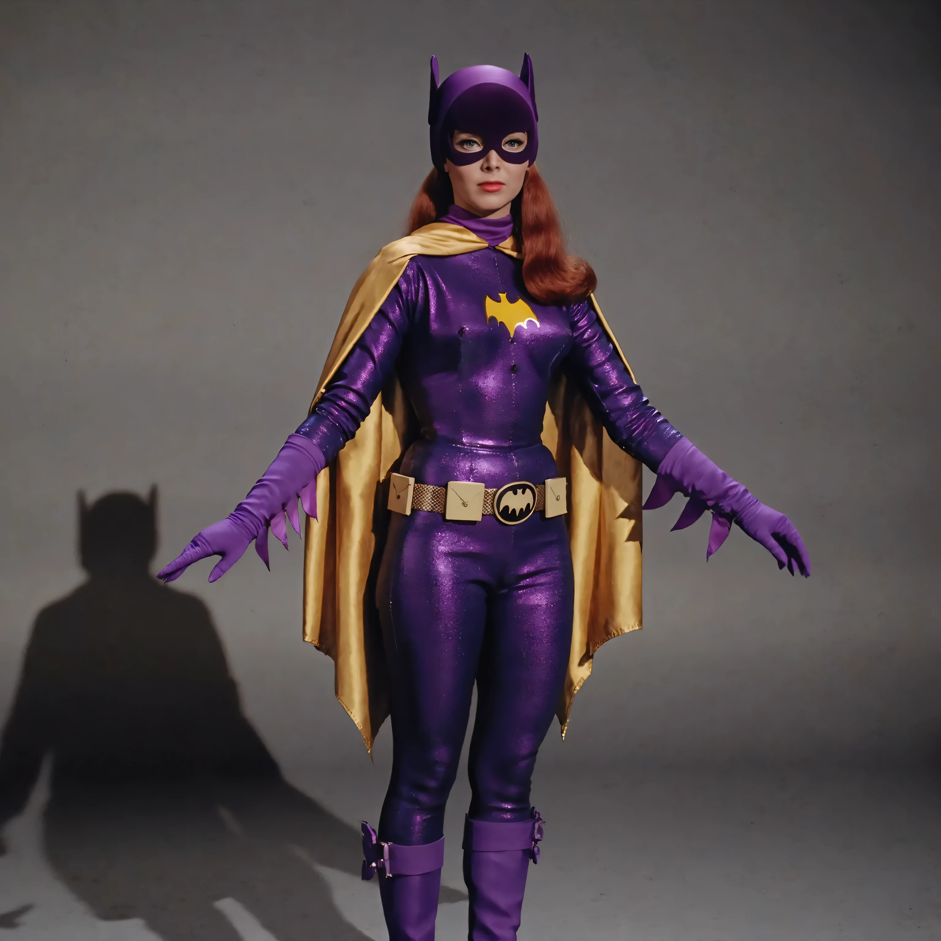 B4tg1rl WOMAN, Yvonne Craig woman, Yvonne Craig as Batgirl, batgirl, 60s Batgirl, retro purple Batgirl costume, standing in a sexy pose ready to seduce batman, retro red hair, makeup, purple Batgirl gloves, full purple Batgirl cowl, purple Batgirl mask, purple Batgirl purple gloves, sexy purple leather knee high boots, wide hips, muscular waist, medium chest, sculpted abdominal musculature,