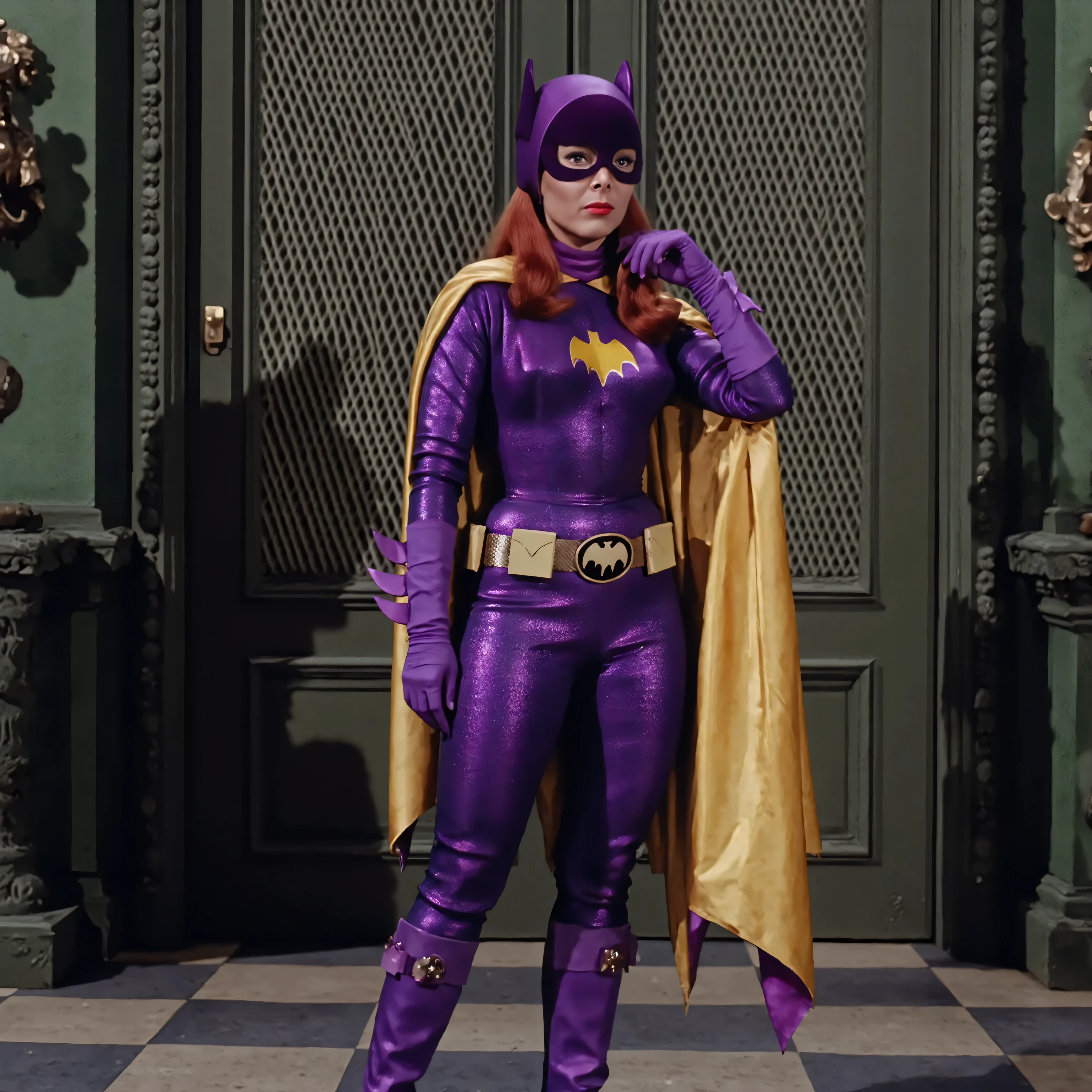 B4tg1rl WOMAN, Yvonne Craig woman, Yvonne Craig as Batgirl, batgirl, 60s Batgirl, retro purple Batgirl costume, standing in a sexy pose ready to seduce batman, retro red hair, makeup, purple Batgirl gloves, full purple Batgirl cowl, purple Batgirl mask, purple Batgirl purple gloves, sexy purple leather knee high boots, wide hips, muscular waist, medium chest, sculpted abdominal musculature, 