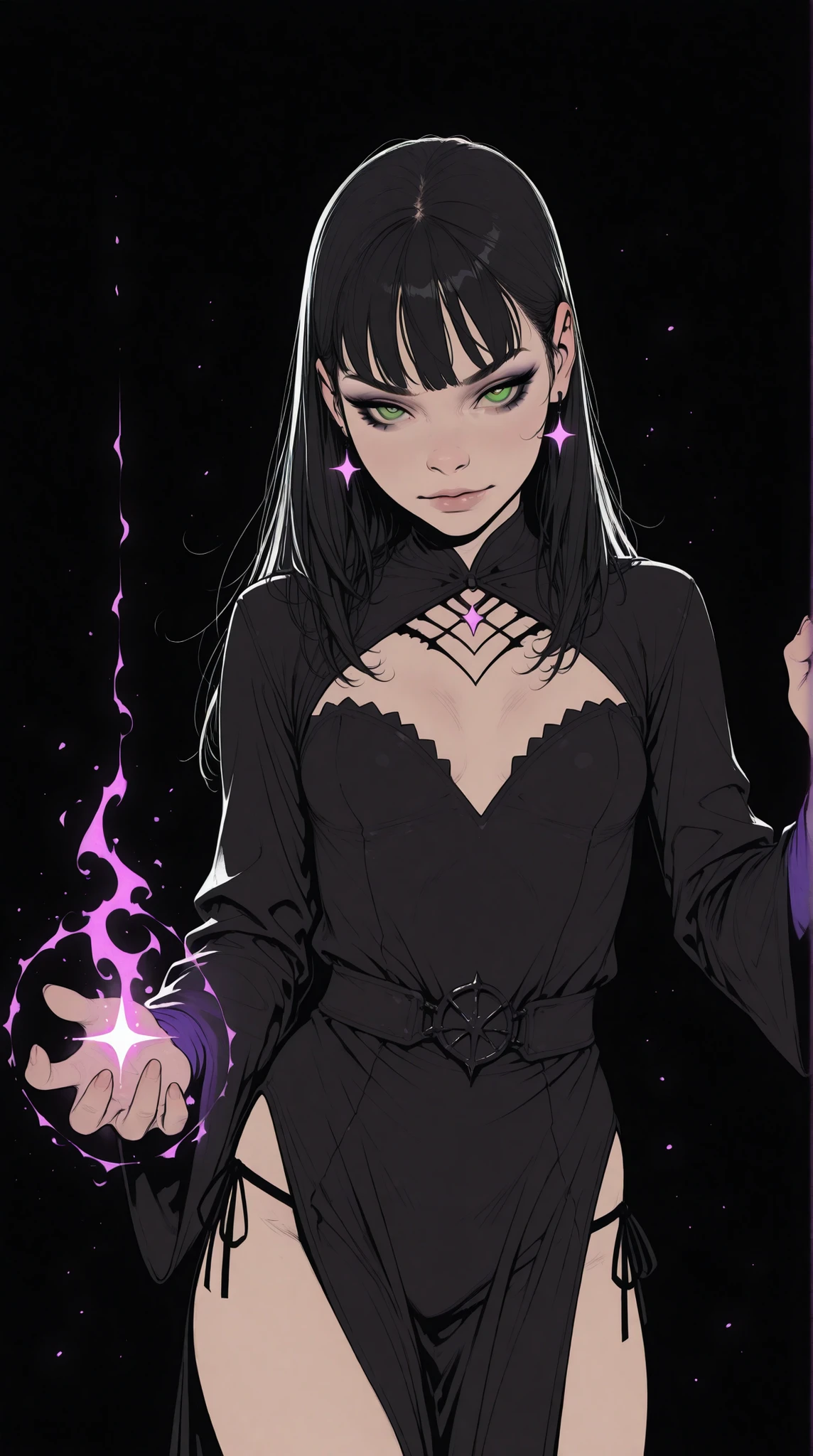 HDR, 8K, high contrast, masterpiece, best quality, amazing quality, very aesthetic, realistic, newest, volumetric lighting, (flat colors:2), ((black background)), (incase:0.3), (tsuaii:0.3),
1girl, solo, sexy witch girl, perfect face, thick eyeliner, small breasts, long straight black hair, green eyes, cowboy shot, (casting magic spell), magic aura, glowing particles, dynamic pose, dynamic angle, action shot, anime screencap