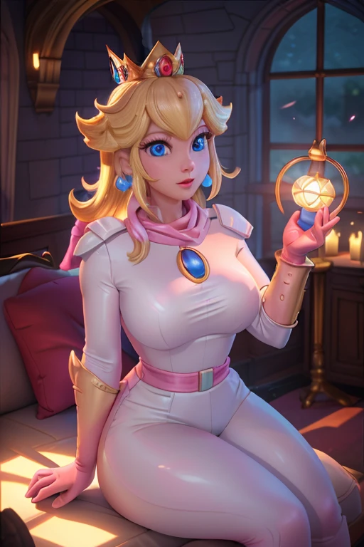 Princess Peach from Super Mario as an Astronaut in a spaceship, wearing a space suit, looking out of a window, Intricate details, Realistic CGI, Octane render, Top light, Cinematic, Low camera, ISO200, 8k