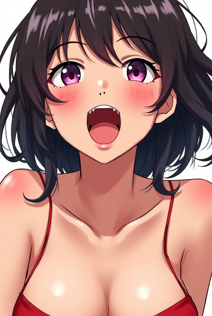 close up head and middle body photo, extremely detailed wide open mouth, a 21 year old girl licking her own hand fingers with a lot of saliva, saliva drooling, tongue out, you can see her tonsils and uvula, ahegao face, squinting eyes, her fingers touching her hand, brunette, coquette bow in hair, she is totally nude, low angle, from below, vibrant pink color background