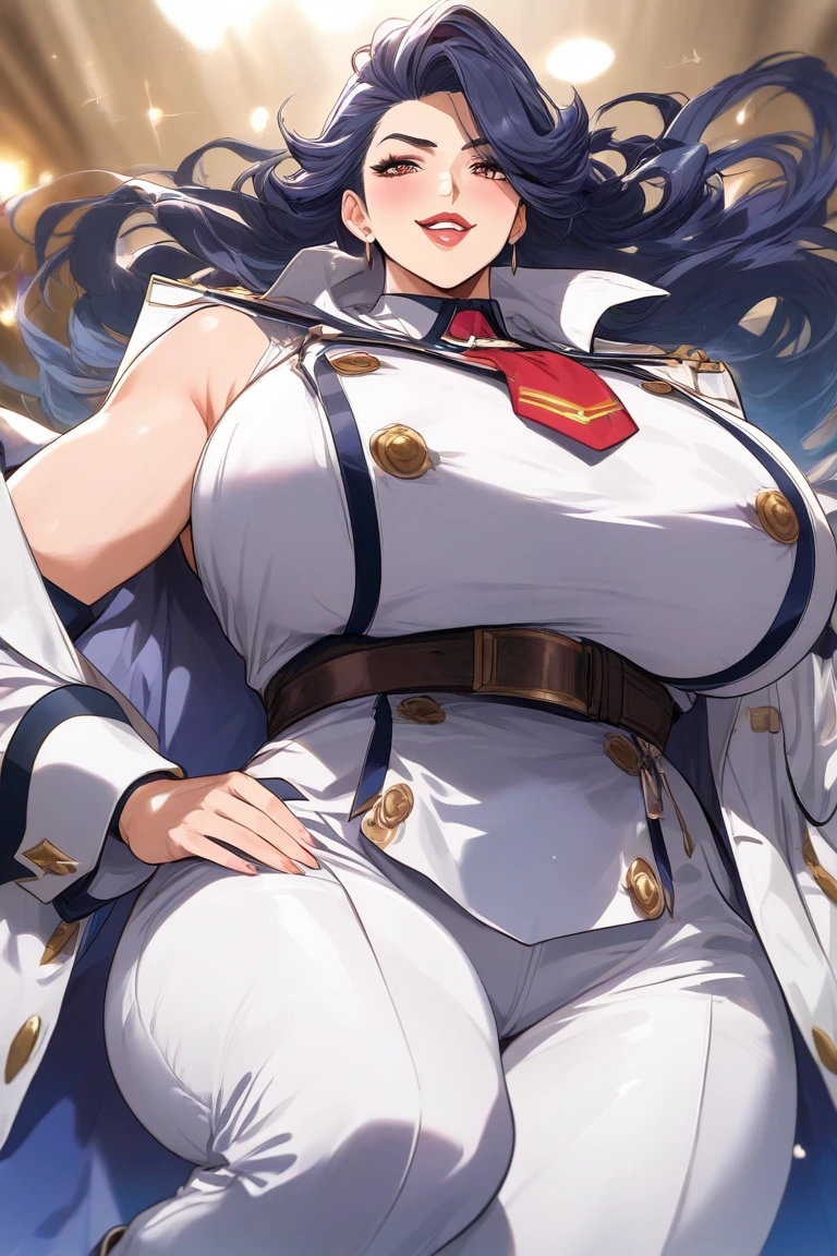 ANIME , high detailed
1 chunky woman, long hair, azuma, Carmine colored hair, expressive cyan eyes, busty, round buson, gorgeous chunky body, yellow Genetics's uniform, Juliet sleeves, Very large blue Long skirt, large war-hammer in hands