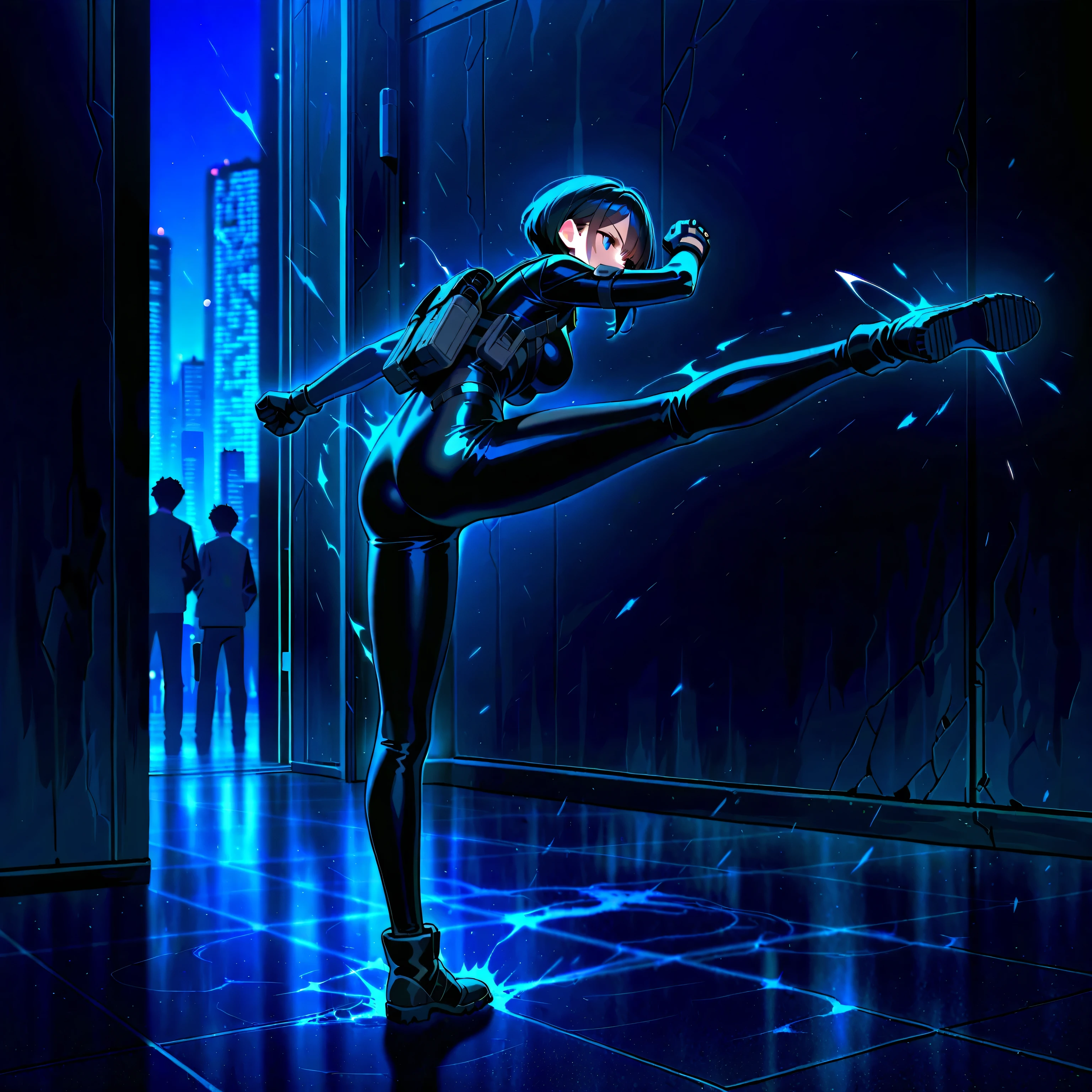 Tron Character Movie Woman Lora Woman Quorra, obra maestra, 4k, mejor calidad, rostros super detallado, vista desde atras, Tiro de panty, ropa transparente ajustada