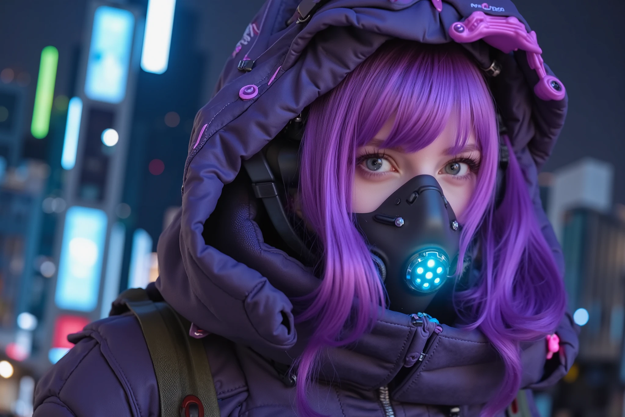A young woman with violet hair and bright eyes, dressed in a futuristic cyber combat suit, , she wears a respiratory mask with blue lights and is in an urban night environment full of neon and advanced technology.