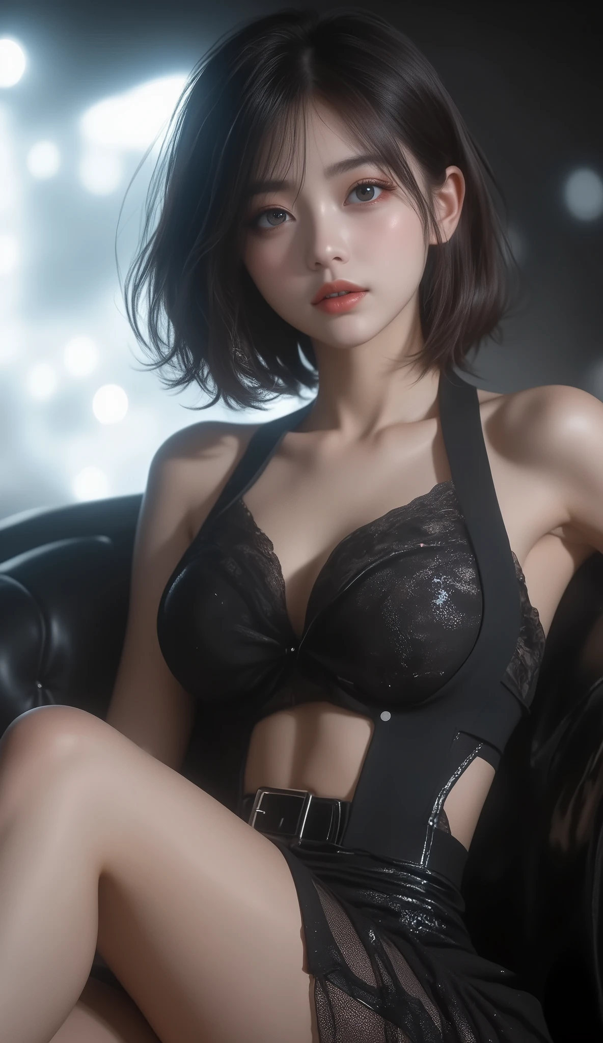 ((midynight, Need, 8k, tmasterpiece:1.3)), full bodyesbian, Long legs, Focalors:1.2, perfect figure beautiful woman:1.4, Slim abs:1.1, ((Dark brown hair, huge tit:1.2 )), (Lingerie transparent, transparent panty, standing on your feet:1.2), ((urban street scene, the roof:1.3)), Highly detailed facial and skin texture, A detailed eye, 二重まぶた