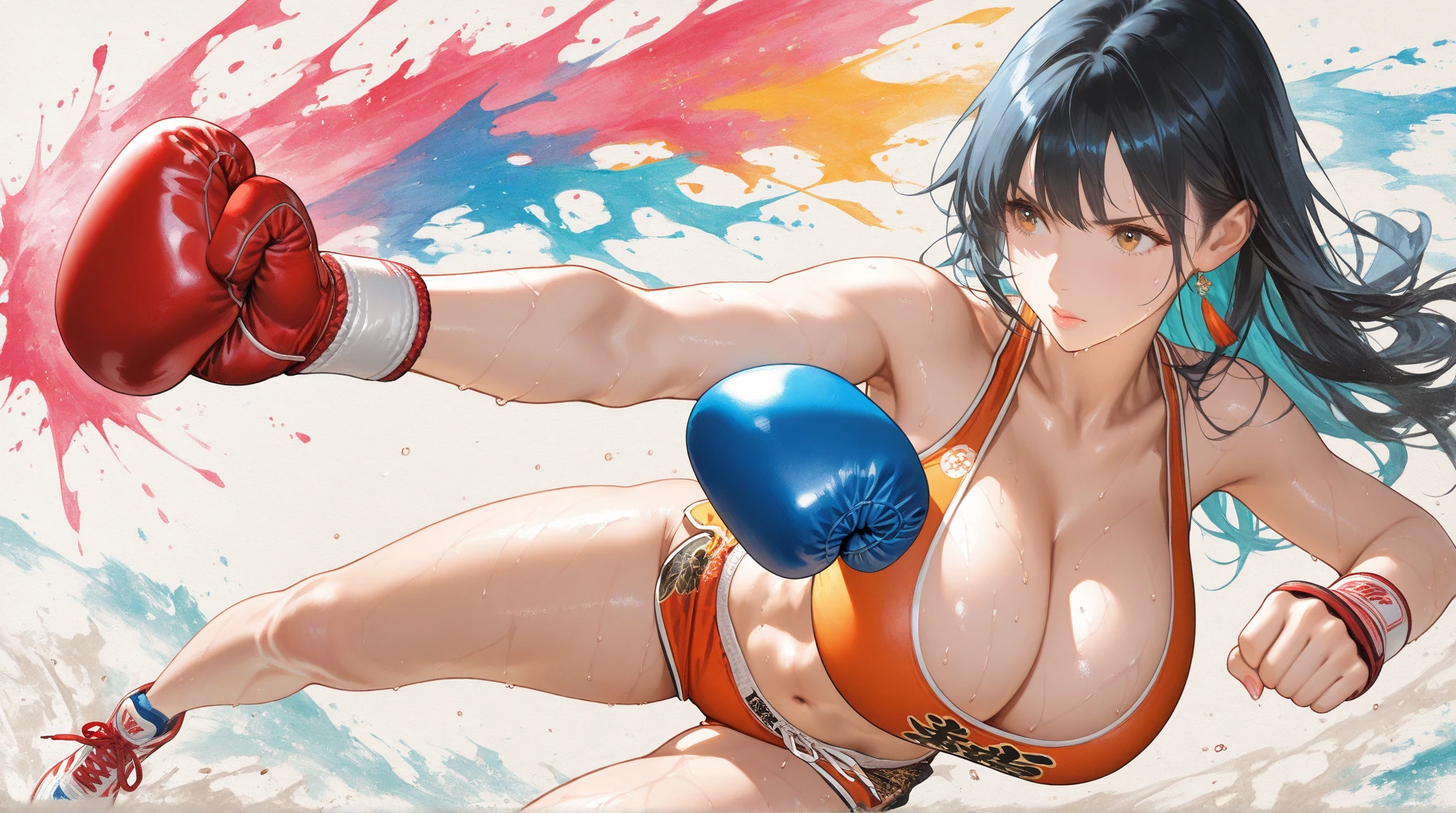 (8K), (Best Quality), (masutepiece: 1.2)　sexy female boxer punches a punching bag。。。　(View from below)