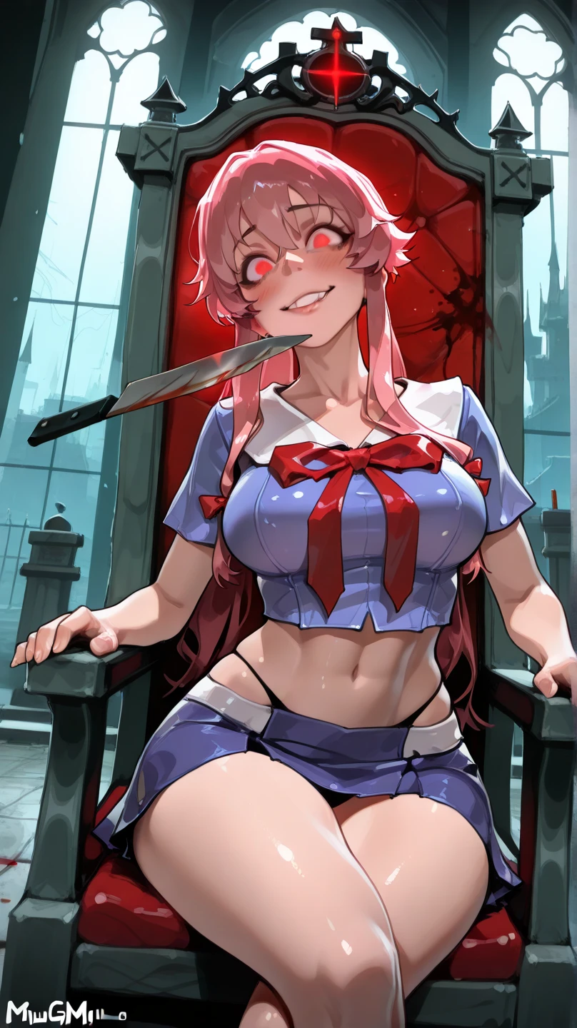 anime_still, masterpiece, best quality, sexy, 1girl, Gasai Yuno,(large breasts:1.5), nipples, solo, nude, as Gasai Yuno Sits in her kill room she stays blankly act a painting of her lover, she is wearing a black choker and black thigh highs and behind her there is a small table with a blood stained knife and a black face mask as well as a apron made of human skin, ((kill room)), ((blood)), ((psycho)),evil smile,dark and for Bodine atmosphere, she is hunting you, CRAZY EYES, (YANDERE,CRAZY EXPRESSION:1.6), empty eyes, shaded face, crazy smile